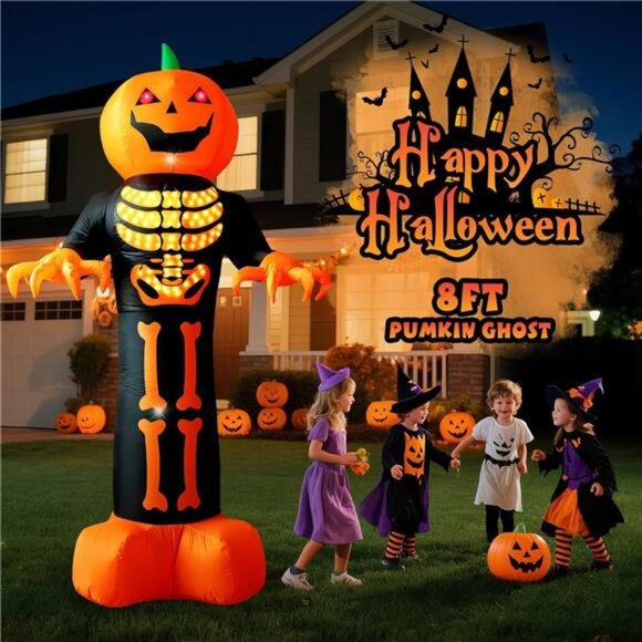 8 FT Halloween Inflatables Pumpkin Reaper Ghost with Magic Lightshow Bones - Picture 6 of 6